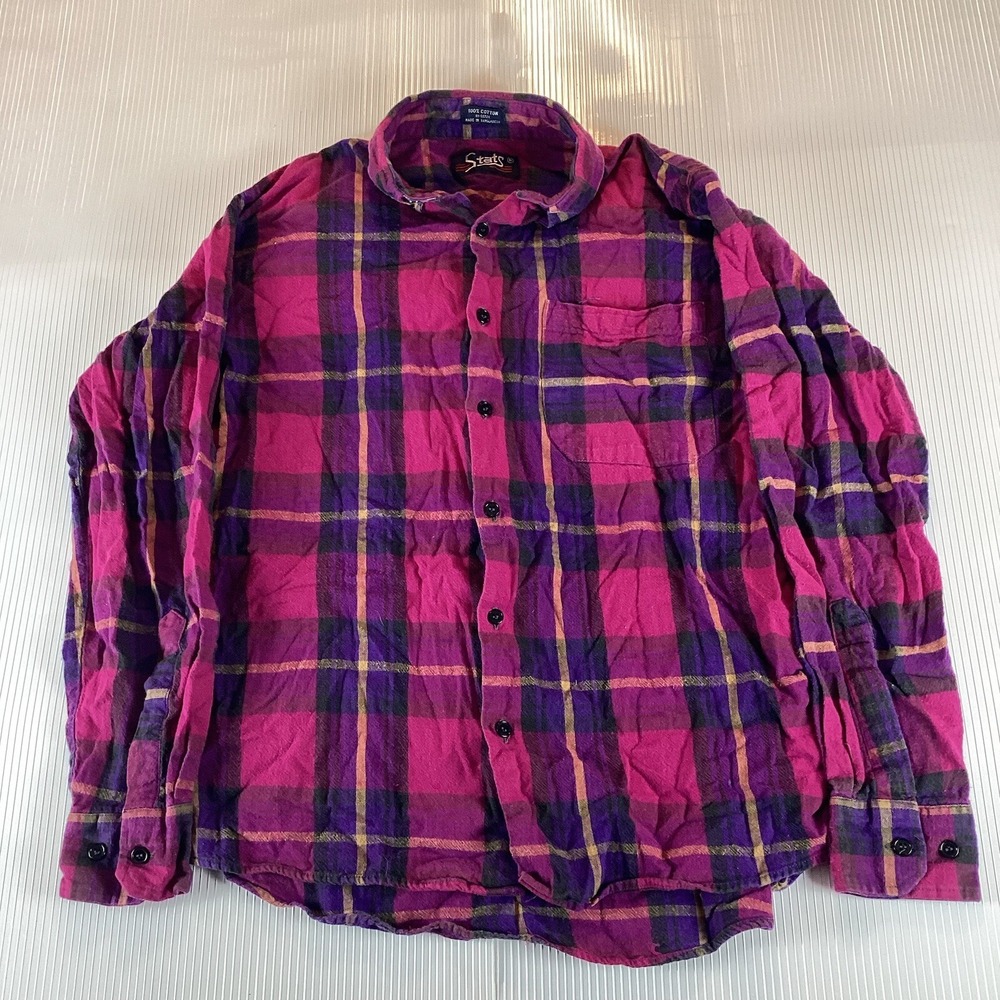 Stats Mens Long Sleeve Button Up Shirt Size M Small Plaid Casual 2 Holes